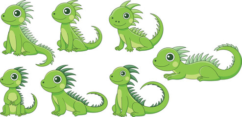 Cute cartoon baby green iguanas, adorable lizard illustrations, playful reptile characters, kids friendly tropical animals, fantasy exotic pet drawings