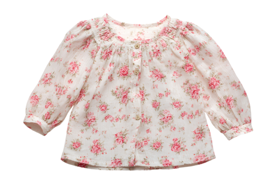 White floral print peasant blouse with long sleeves isolated on transparent background - Powered by Adobe