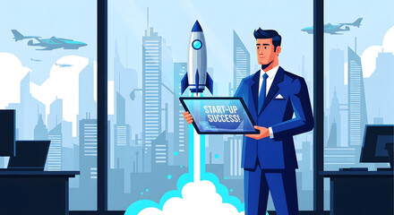 Launch Success: An ambitious leader stands confidently, visualizing the start-up success, with a rocket blasting off, framed against a bustling cityscape.