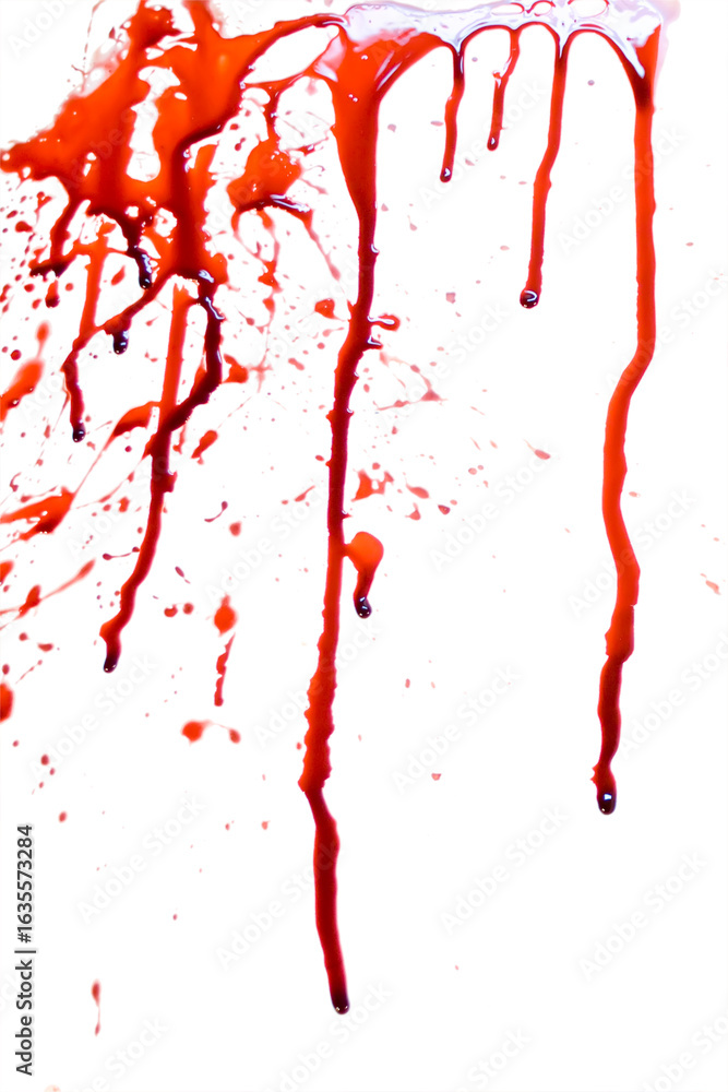 Fototapete viscous red liquid dripping and splashing with dynamic motion against a dark backdrop isolated on tr