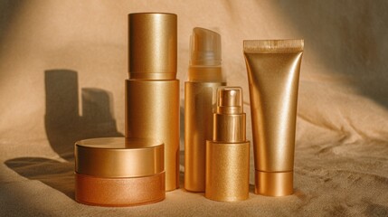 Sunlit Beauty Products Arranged Artfully on a Textured Surface at a Tranquil Setting for an Elegant Skincare Display