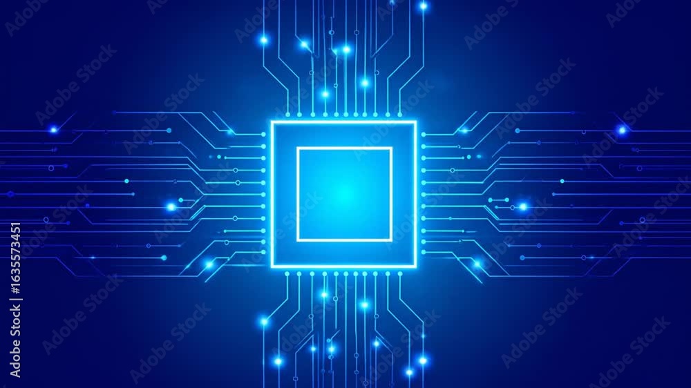 Poster blue circuit board design with glowing microchip technology artificial intelligence conceptualizatio