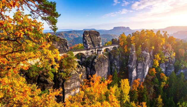 Autumnal landscape with bridge over sandstone cliffs - Powered by Adobe