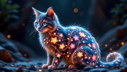 an enchanting scene from an animated film features a cat adorned with magical star like lights, sitting amidst a rocky terrain illuminated by glowing