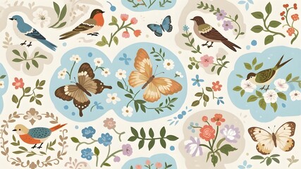 Vintage floral pattern with birds and butterflies seamless vector background design print fabric