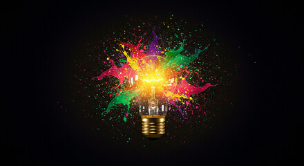 Light Bulb Exploding with Colorful Paint Splashes Concept Illustration