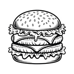 Hand drawn illustration of a classic double cheeseburger with lettuce and sesame seeds