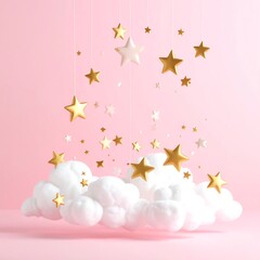 Gold and white stars falling onto fluffy white clouds against a pink background