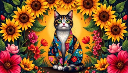 a cat at the center, surrounded by vibrant sunflowers. the cat is wearing what appears to be a kimono with a floral pattern