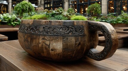 Large, carved wooden planter shaped like a teacup
