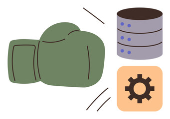 Boxing glove hitting database and gear icon, symbolizing data security, system protection, tech conflict. Ideal for cybersecurity, tech defense, databases, problem-solving, data breaches system