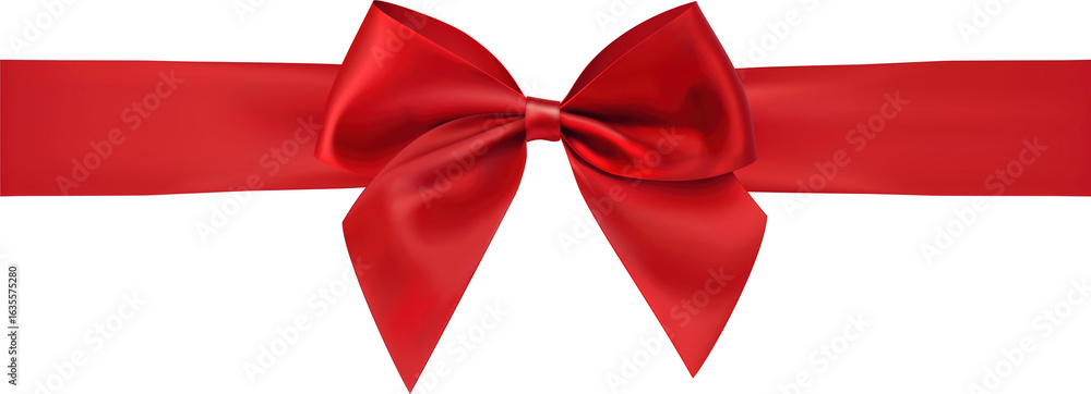 Poster elegant red satin ribbon bow tied in a classic knot with flowing loops isolated on transparent backg