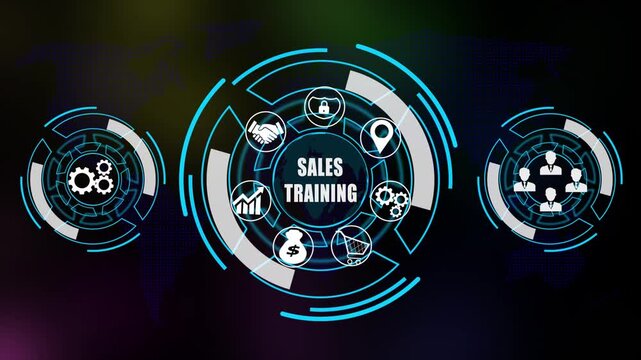 &ldquo;Futuristic sales training  Technology Animation Featuring Digital Finance Icons, Data Analytics, Online Banking and Global Financial Network Interface on Dark Tech Background with World Map"