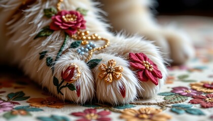 a cat's paw adorned with various embellishments, including flowers, jewels, and possibly feathers or fur, against a textured background that could be