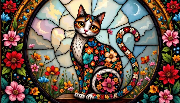 an artistic stained glass window with a vibrant floral border around its circumference