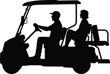 Silhouette of man driving golf cart with woman passenger, transportation scene, black and white vector, outdoor activity, modern lifestyle © Creatives Selim