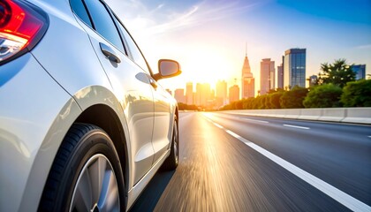 White car on highway at sunrise, city in background