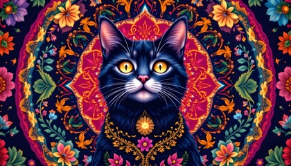 Fototapeta premium a cat with an expressive face at the center of an elaborate, colorful circular design
