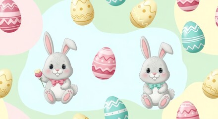A delightful easter pattern featuring cute bunnies and colorful eggs, perfect for adding a festive touch to your holiday designs and celebrations, with a sweet and playful style