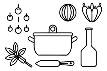 Line art icons set of kitchen utensils and cooking ingredients — pan, pot, whisk, spoon, vegetables, herbs — black clean vector outlines, simple style, for recipe cards or food packaging design