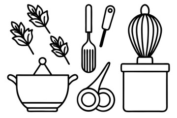 Line art icons set of kitchen utensils and cooking ingredients — pan, pot, whisk, spoon, vegetables, herbs — black clean vector outlines, simple style, for recipe cards or food packaging design