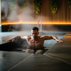 Man enjoying cold plunge pool, health therapy concept
