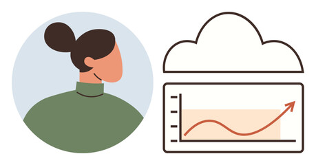 Woman in profile next to cloud icon with upward-trending graph. Ideal for technology, analytics, data management, cloud computing, growth trends, business solutions, simple flat metaphor