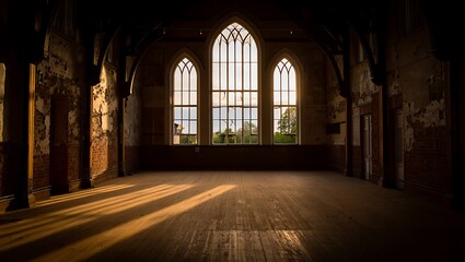 Fototapeta premium Abandoned Church Interior with Gothic Windows and Sunlit Floor a Hauntingly Beautiful Architectural Space