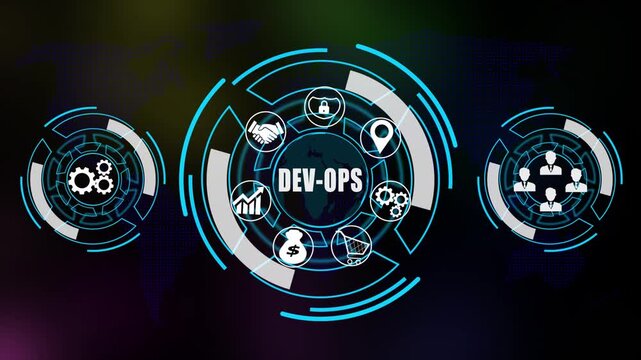&ldquo;Futuristic dev ops Technology Animation Featuring Digital Finance Icons, Data Analytics, Online Banking and Global Financial Network Interface on Dark Tech Background with World Map"