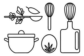 Line art icons set of kitchen utensils and cooking ingredients — pan, pot, whisk, spoon, vegetables, herbs — black clean vector outlines, simple style, for recipe cards or food packaging design