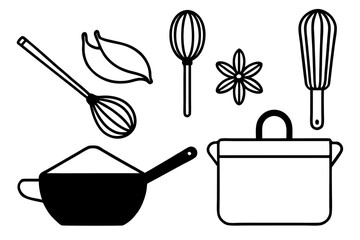 Line art icons set of kitchen utensils and cooking ingredients — pan, pot, whisk, spoon, vegetables, herbs — black clean vector outlines, simple style, for recipe cards or food packaging design