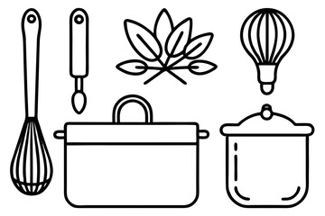 Line art icons set of kitchen utensils and cooking ingredients — pan, pot, whisk, spoon, vegetables, herbs — black clean vector outlines, simple style, for recipe cards or food packaging design