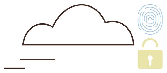 Minimalist cloud outline, fingerprint, and padlock representing secure cloud storage, data protection, privacy, digital access, cybersecurity, encryption secure design. Ideal for tech business