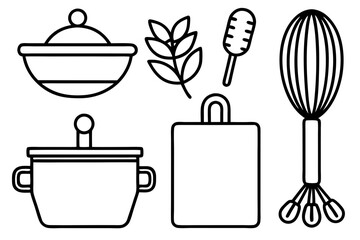 Line art icons set of kitchen utensils and cooking ingredients — pan, pot, whisk, spoon, vegetables, herbs — black clean vector outlines, simple style, for recipe cards or food packaging design
