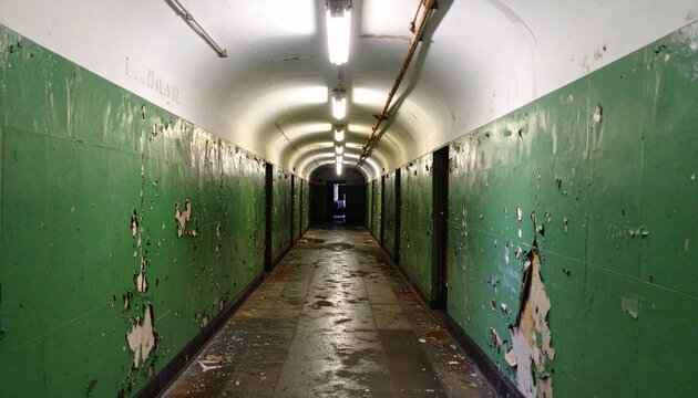 Long perspective view down a derelict corridor in an abandoned underground tunnel with decaying green walls and dim lights.