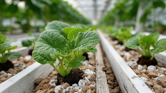 Close-up of young pumpkin vines in a patch with oyster shell lime for pH