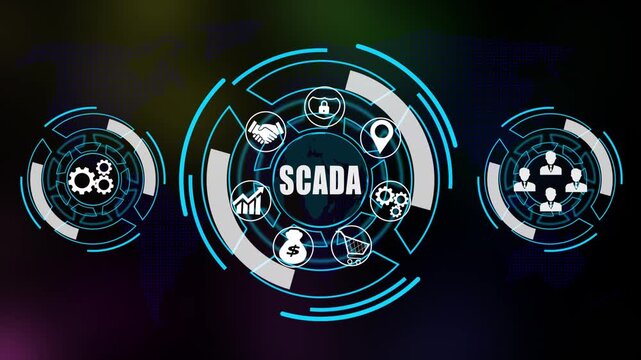 &ldquo;Futuristic SCADA Technology Animation Featuring Digital Finance Icons, Data Analytics, Online Banking and Global Financial Network Interface on Dark Tech Background with World Map"