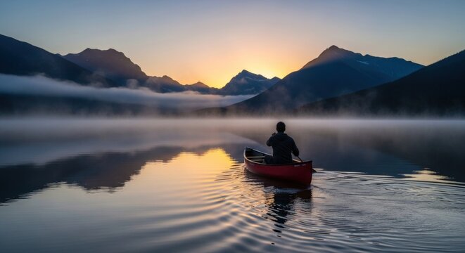 A lone canoeist paddles across a tranquil lake at sunrise, with mountains in, capturing essence of adventure, peace, and beauty of nature