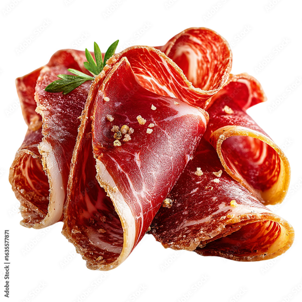 Poster close up of rolled slices of cured meat with garnish on a black background isolated on transparent b