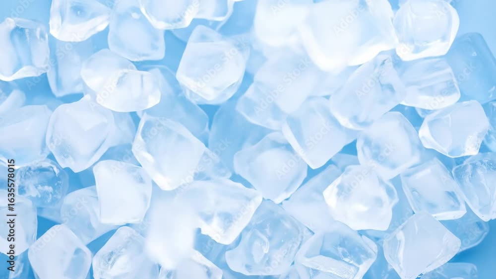 Poster pile of shiny ice cubes on light blue surface with intense lighting highlighting sharp edges creatin