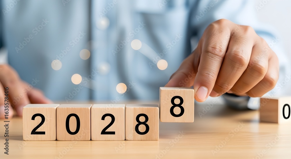 Poster planning for the future concept with wooden blocks showing the year twenty twenty eight forecast