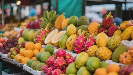 Vibrant Display of Exotic Fruits at a Market Stall