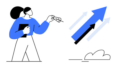 Woman holding tablet and pen, pointing to upward arrows symbolizing growth, progress, success, and ambition. Ideal for business, strategy, goals planning analytics career development. Simple flat