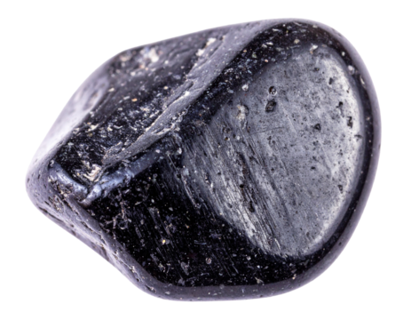 A polished black obsidian stone, showcasing its deep color and brilliant sheen, isolated on a clean white background.