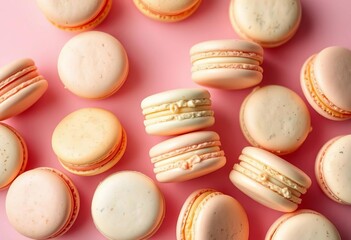Fototapeta premium Delicate pastel French macarons arranged artfully on a blush pink background, food blog, meringue