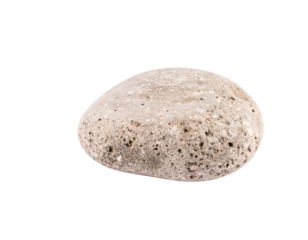 A pumice stone with a rough, porous surface and a gray-brown color, a classic example of lightweight volcanic rock, isolated on a white background.