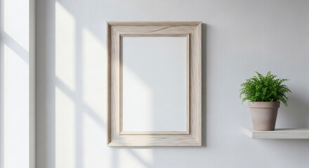 Modern home interior with a blank vertical wooden picture frame mockup on a gray wall with natural light and a plant.