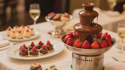 Chocolate fountain with strawberries and assorted desserts on a festive table setting