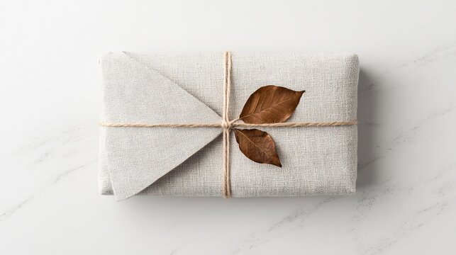 A natural sustainable packaging design. A product is wrapped in a textured, eco-friendly fabric, tied with a simple twine and a small, dried leaf as a tag.