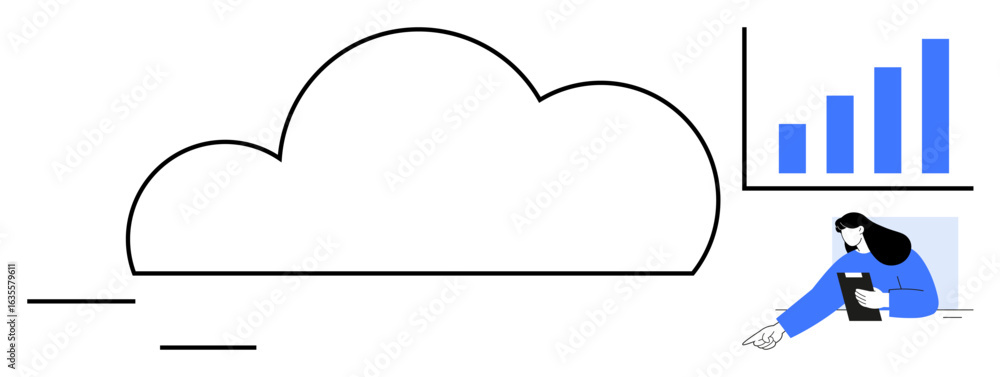 Poster large outlined cloud with upward bar chart, professional using tablet. ideal for cloud computing, da